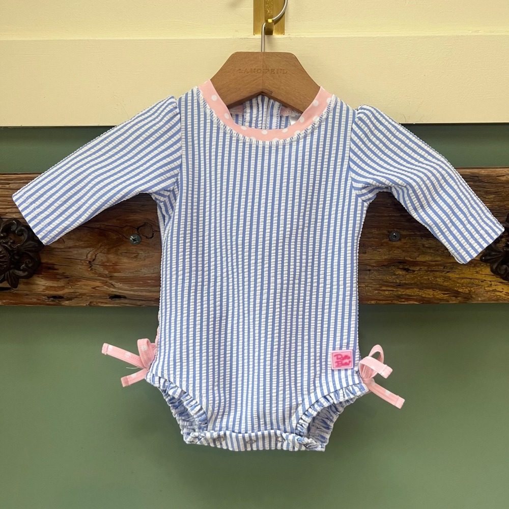 RuffleButts Baby Girl Blue Seersucker Long Sleeve Ruffle One Piece Swimsuit 0-3M